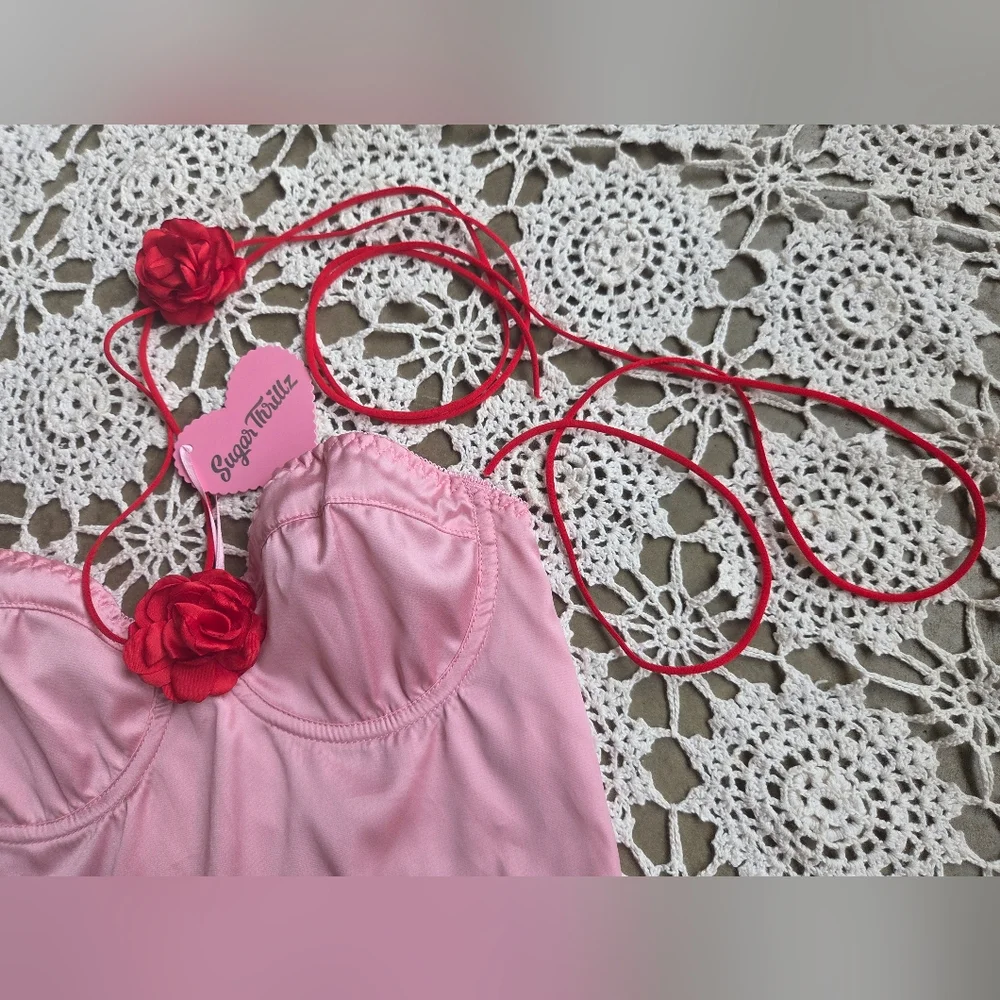 Dolls Kill Sugar Thrillz Floral Pink & Red Sultry Surrender Lingerie Set